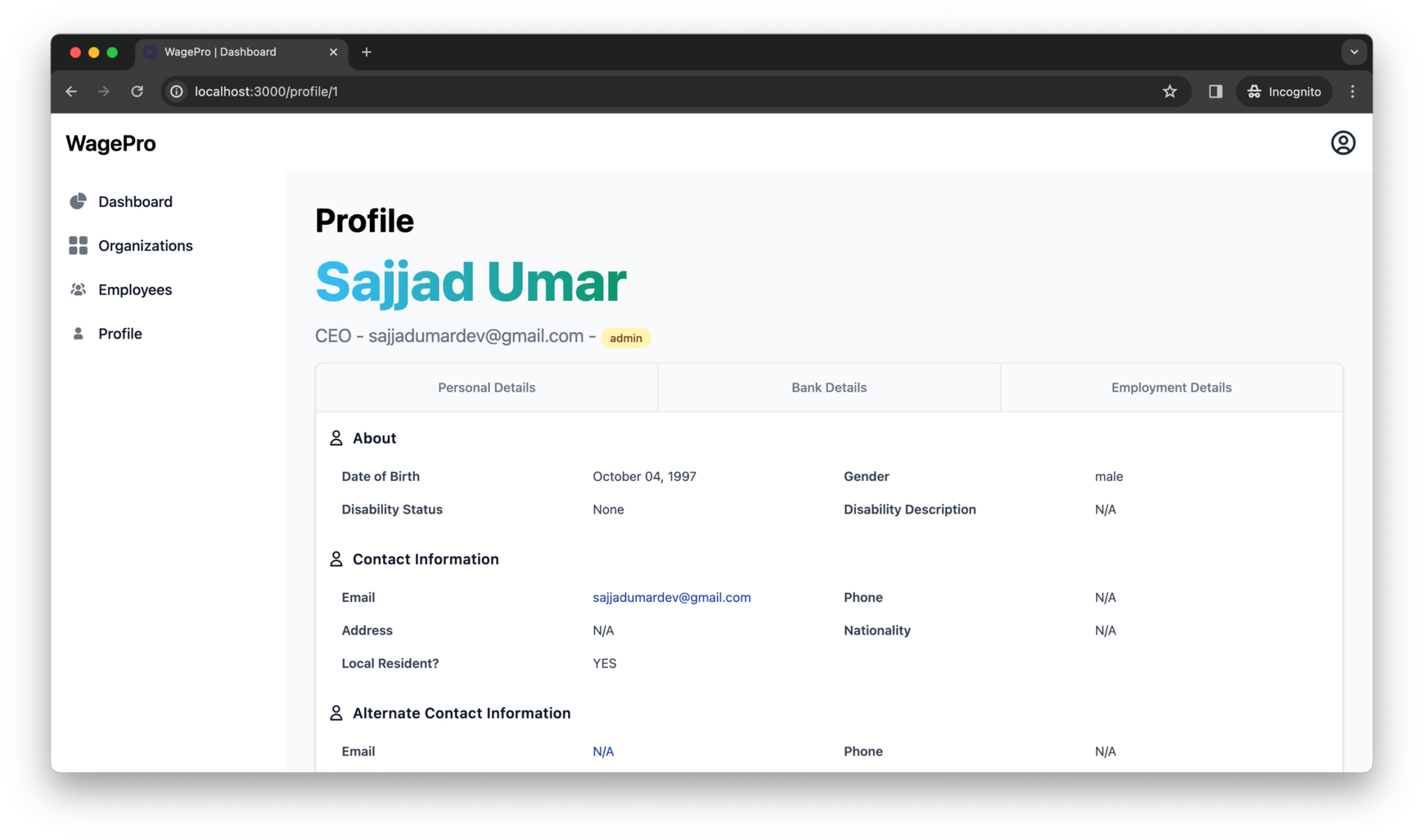 WagePro Employee Profile Page