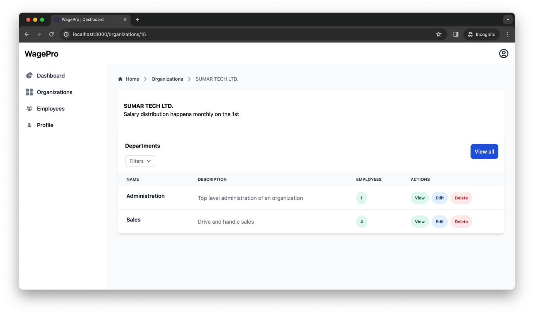 WagePro helps you manage your organisations and departments.